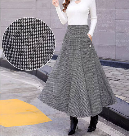 Black and White Wool Midi Skirt - Vintage A-Line with Pockets 4645-2