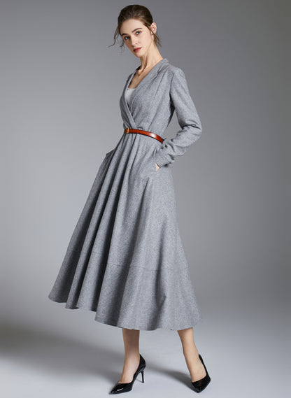 Elegant Grey Wool V-Neck Dress – Long Sleeve Winter Midi Dress 3887