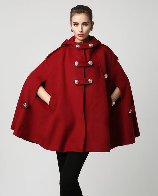 Women's Winter Red Wool Hooded Wool Cape Coat 1130