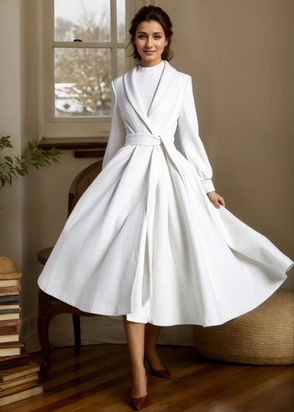 White Princess Swing Wool Coat – Bridal Wedding Winter Wrap Coat with Belt 3880