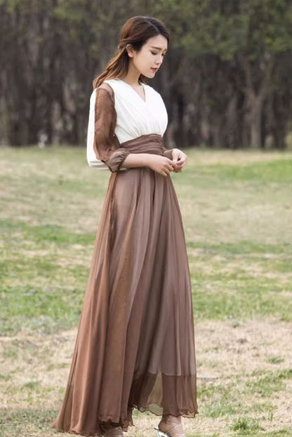 high waisted block color chiffon dress 4459