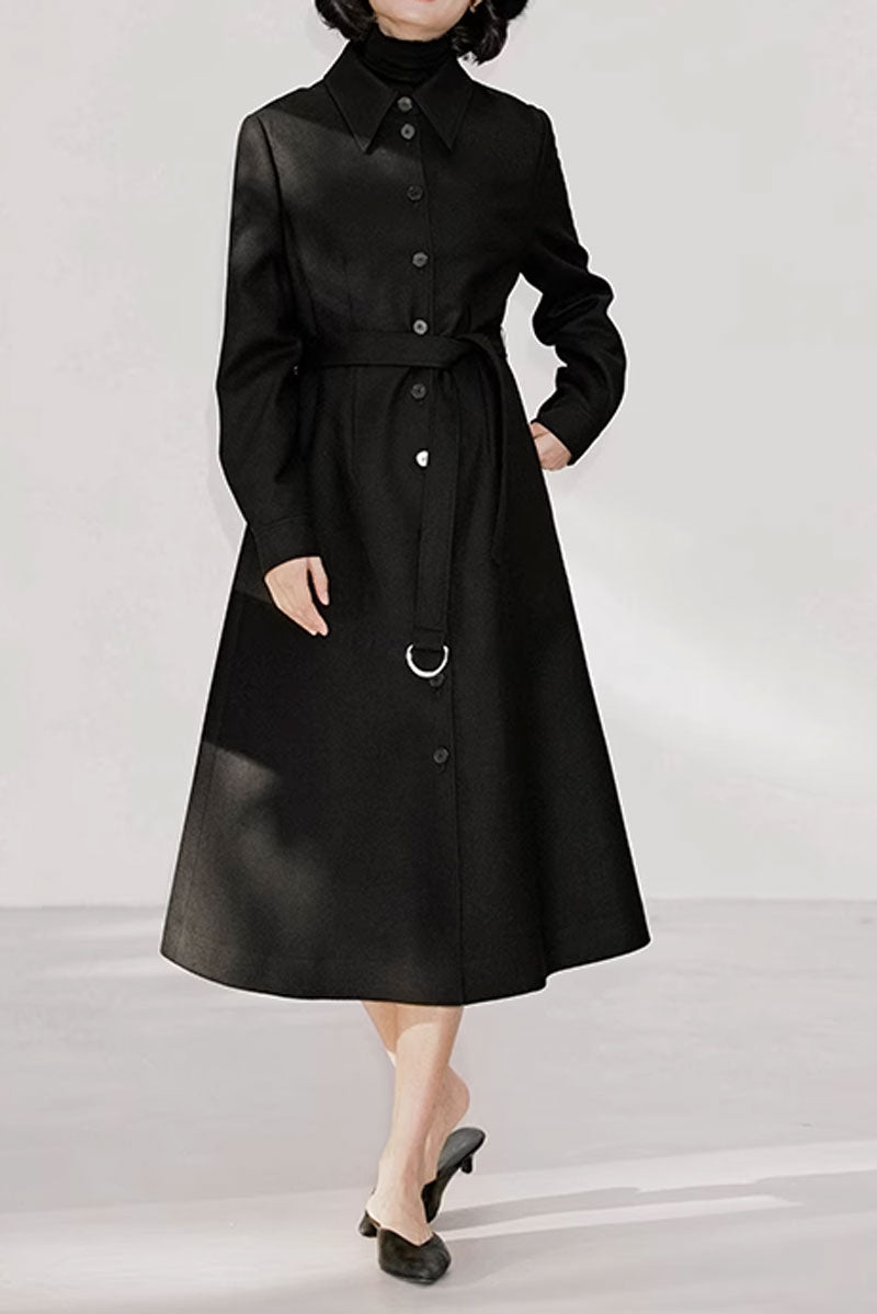 Tie belt black winter wool coat women 4637