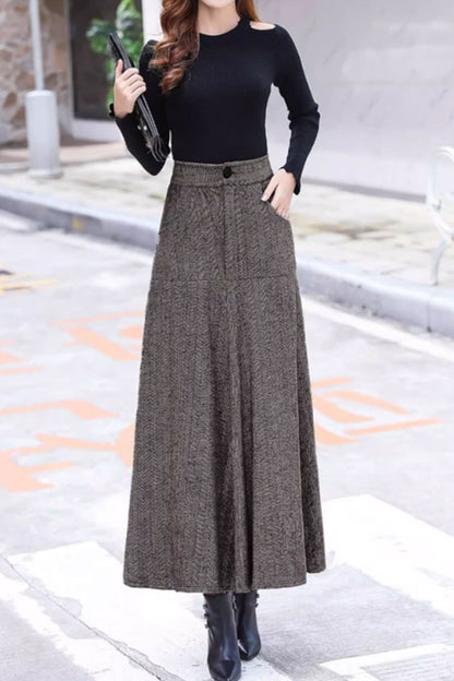 Plaid Wool Midi Skirt - A-Line with Pockets and Back Elastic Waist 4648