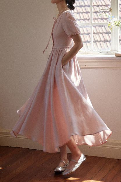Pink Linen Midi Dress - Fit and Flare, Button Closure HY0037