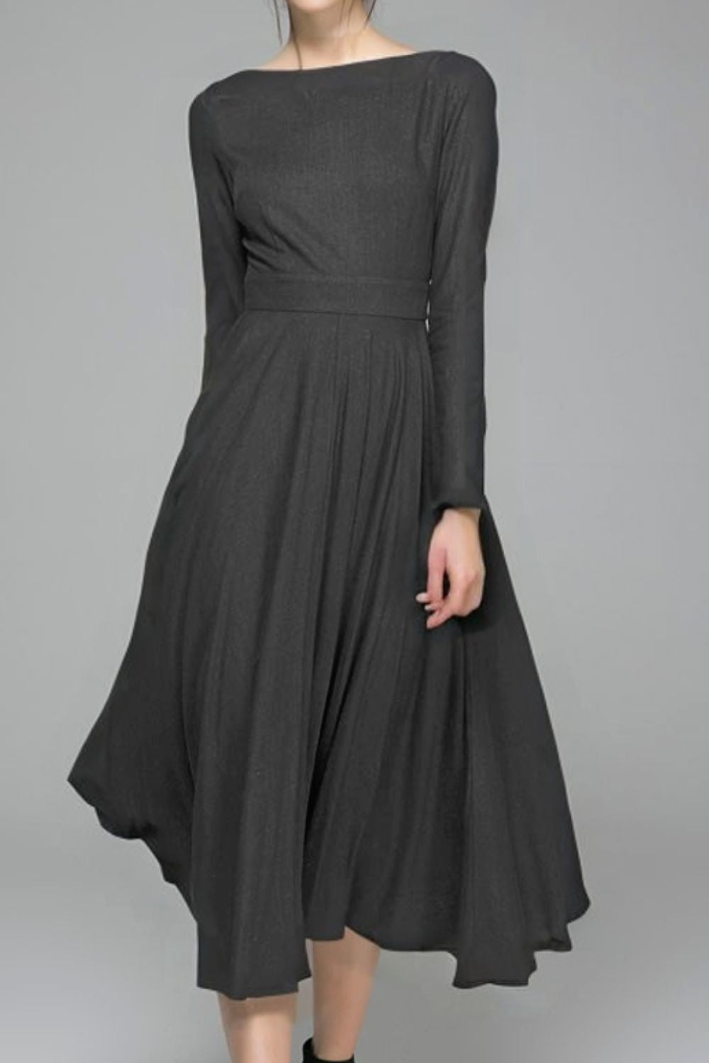 Classic Black Linen Midi Dress 5601