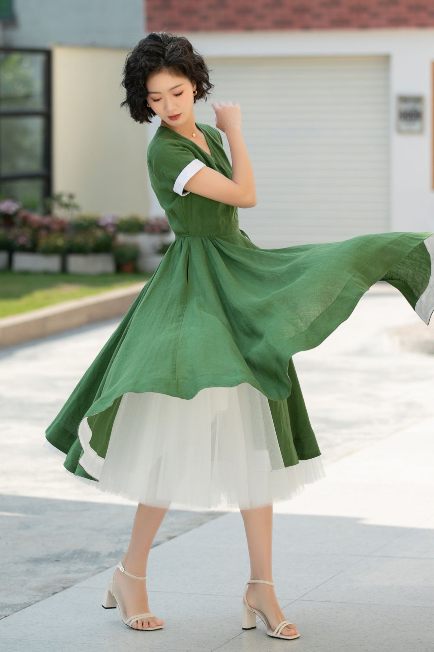 Green V-Neck Swing Midi dress with Waist Tie 5991 - S #CK2500302