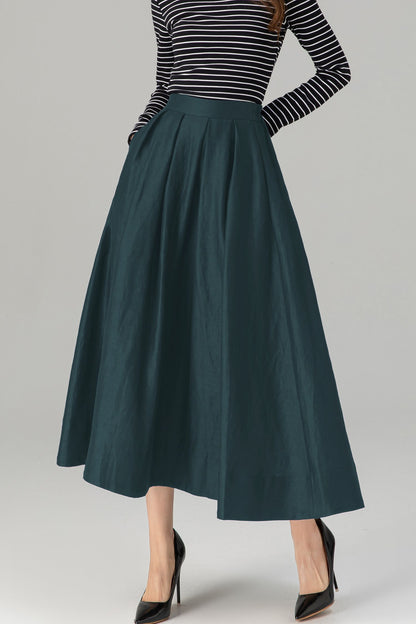 Dark Green Linen Midi Skirt - Pleated A-Line with Pockets 5724
