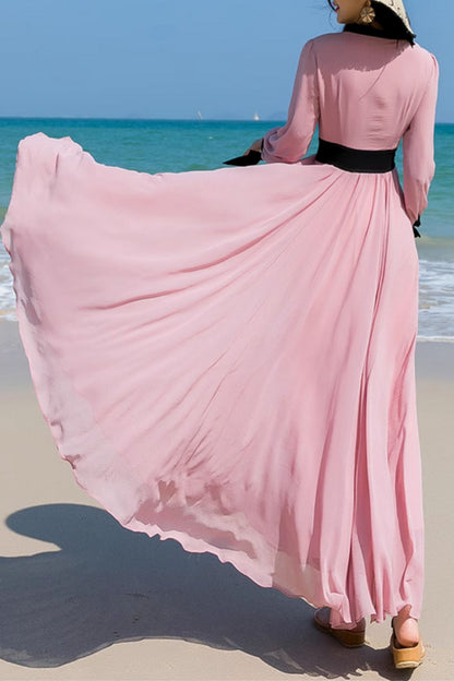 Pink Chiffon Maxi Dress - Fit Waist, Swing Silhouette 5166