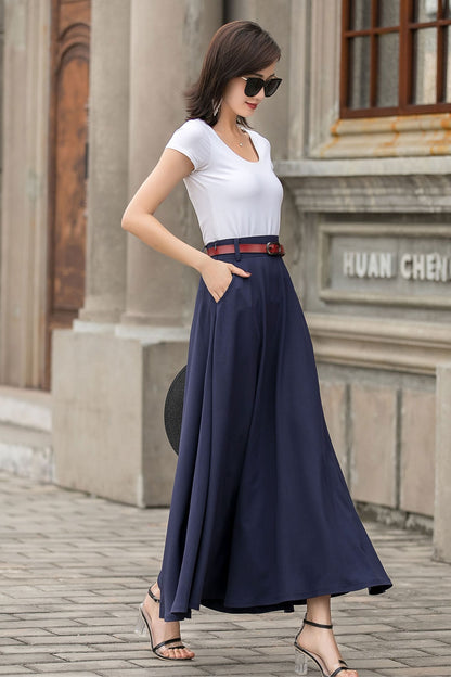 Navy Blue Linen Cotton Maxi Skirt – Minimalist A-Line Long Skirt with Pockets 2716