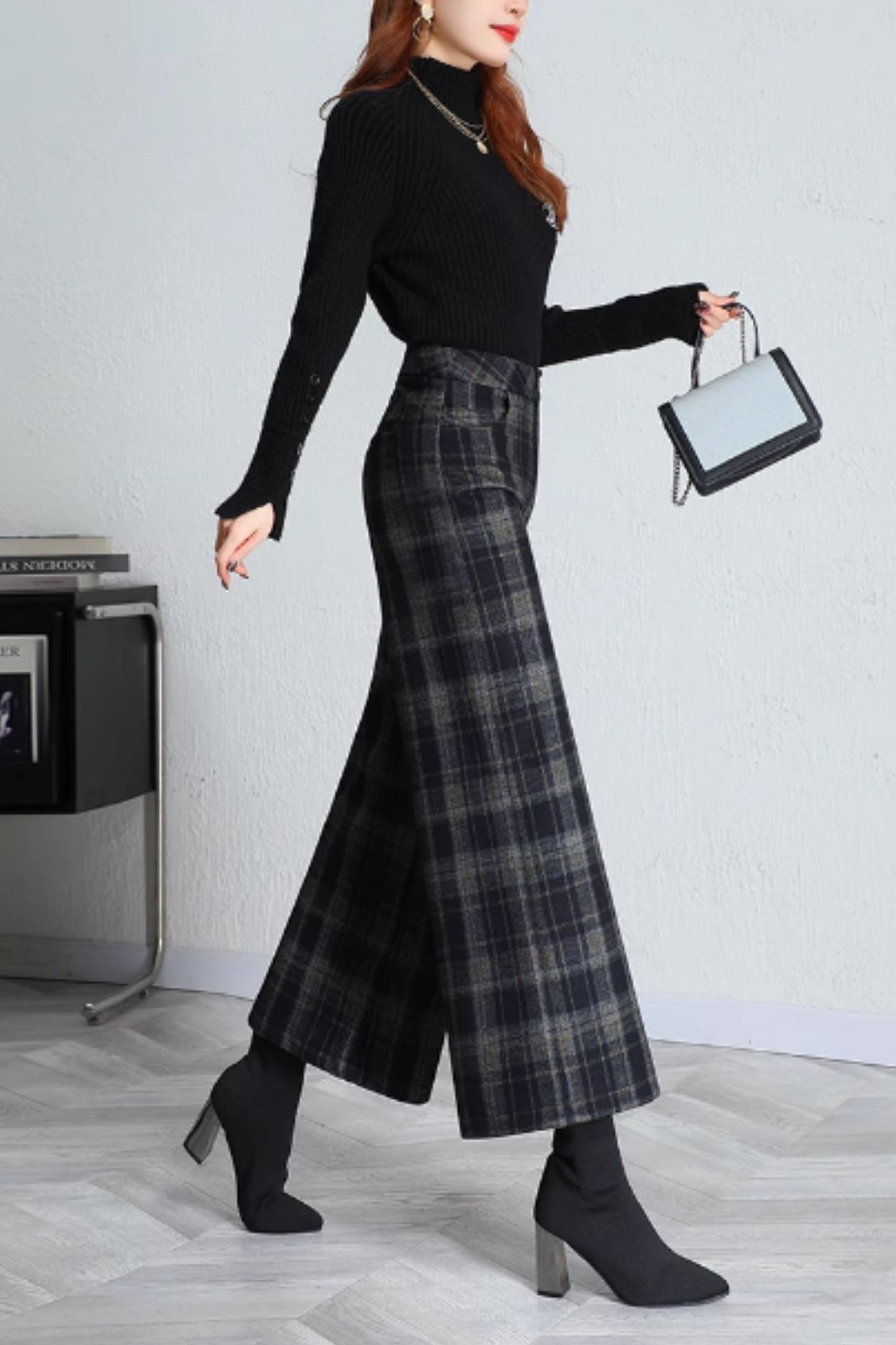 Wide leg winter plaid wool pants women 5417