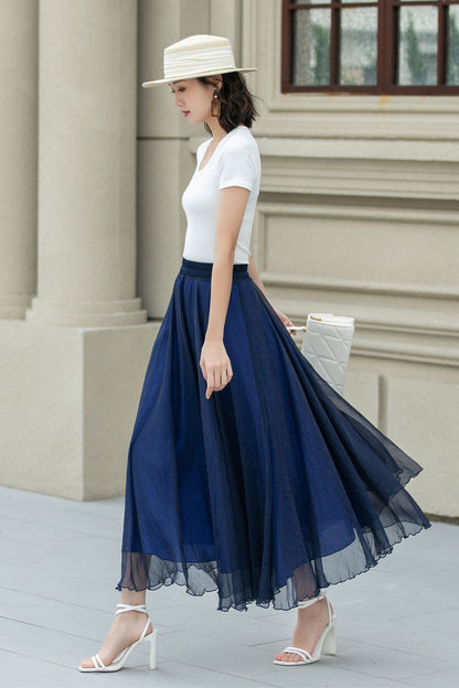 Blue Chiffon Midi Skirt - A-Line Swing with Elastic Waistband 5109