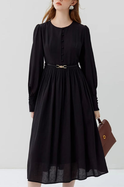 Beige Cotton Blend Midi Dress - Vintage-Inspired Long Sleeves 4816