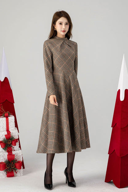 Handmade Wool Plaid Dress – Elegant Bow Tie Long Sleeve Midi | Xiaolizi 5265