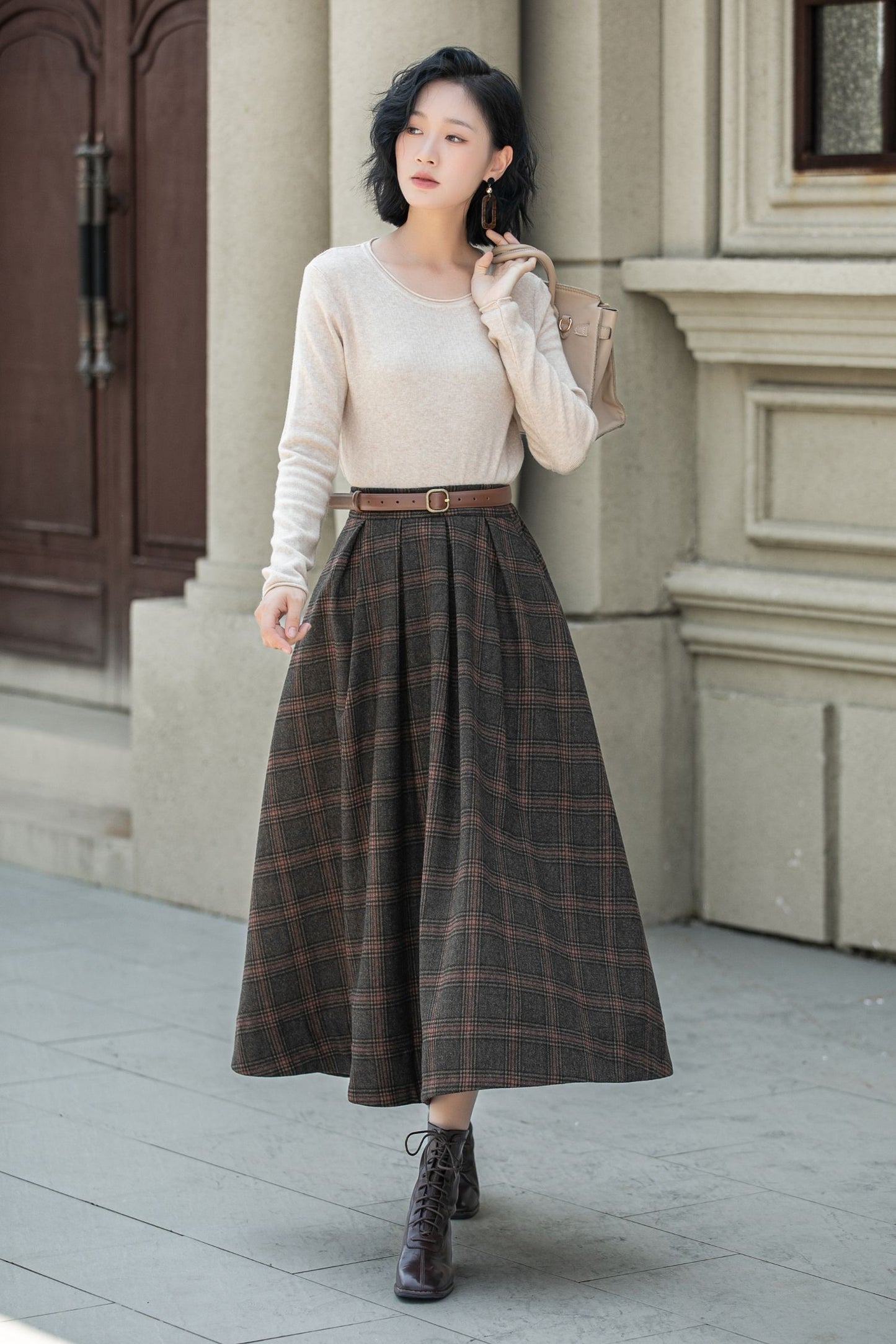 A line plaid midi winter wool skirt 5315