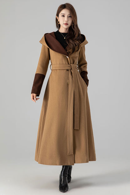 Camel Wool Trench Coat - Hooded, Two-Tone Contrast Cuffs 4505