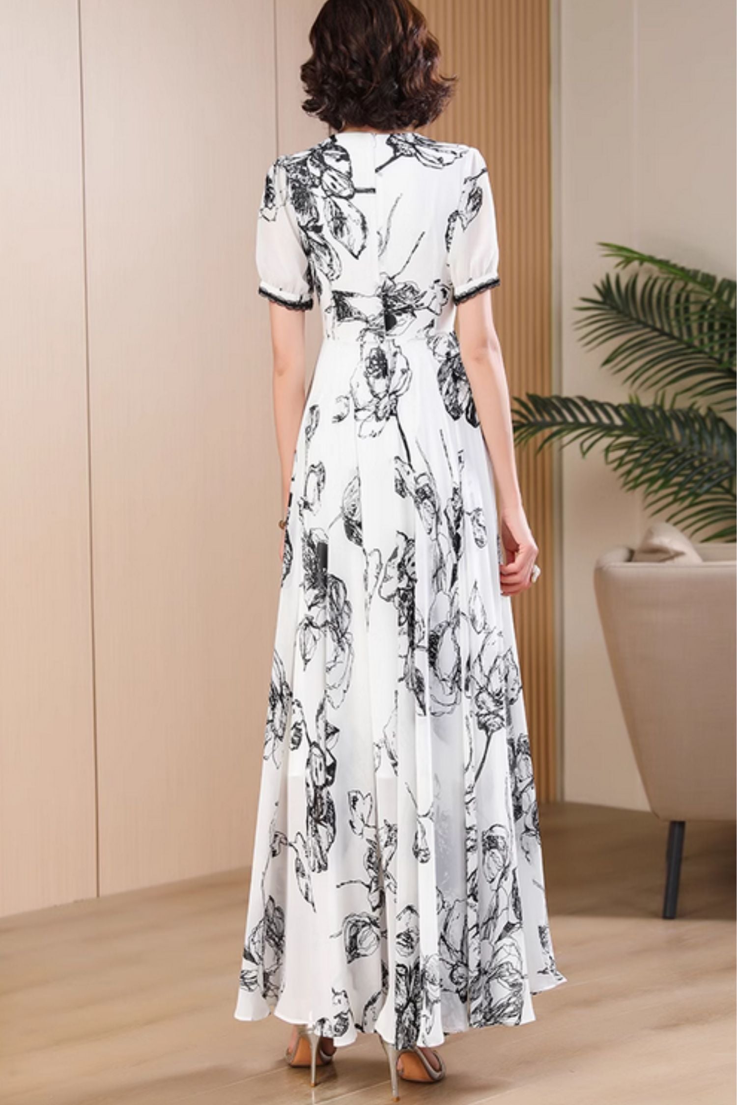 white chiffon floral dress Stacees Floral Print Tea-Length Mother of the Bride or Groom Dress with Long Bishop Sleeves