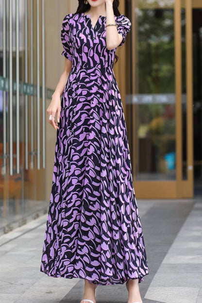 Black and Purple Floral Chiffon Maxi Dress - Flowy Fitted Waist 5002