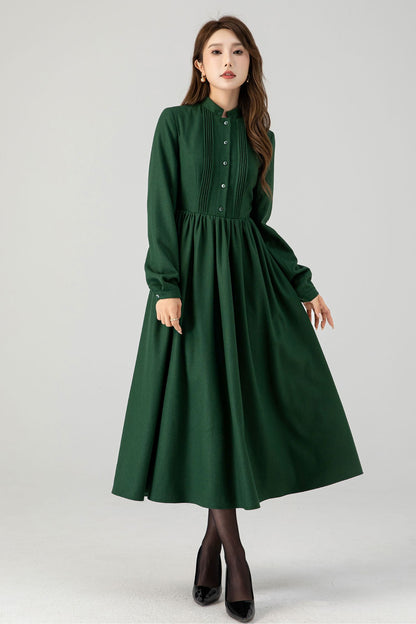 Green long sleeves winter wool dress women 4609