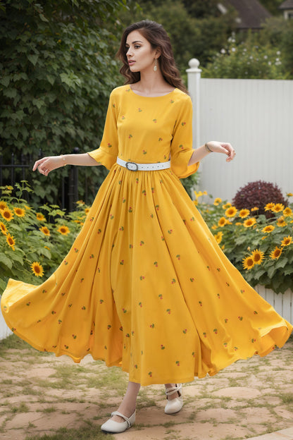 Yellow Linen Dress - Floral 3/4 Sleeve | Xiaolizi 6720