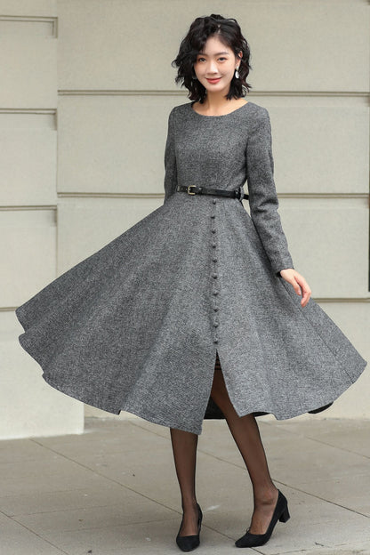 Grey Wool Midi Dress - Elegant A-Line Fit with Button Detail 6423