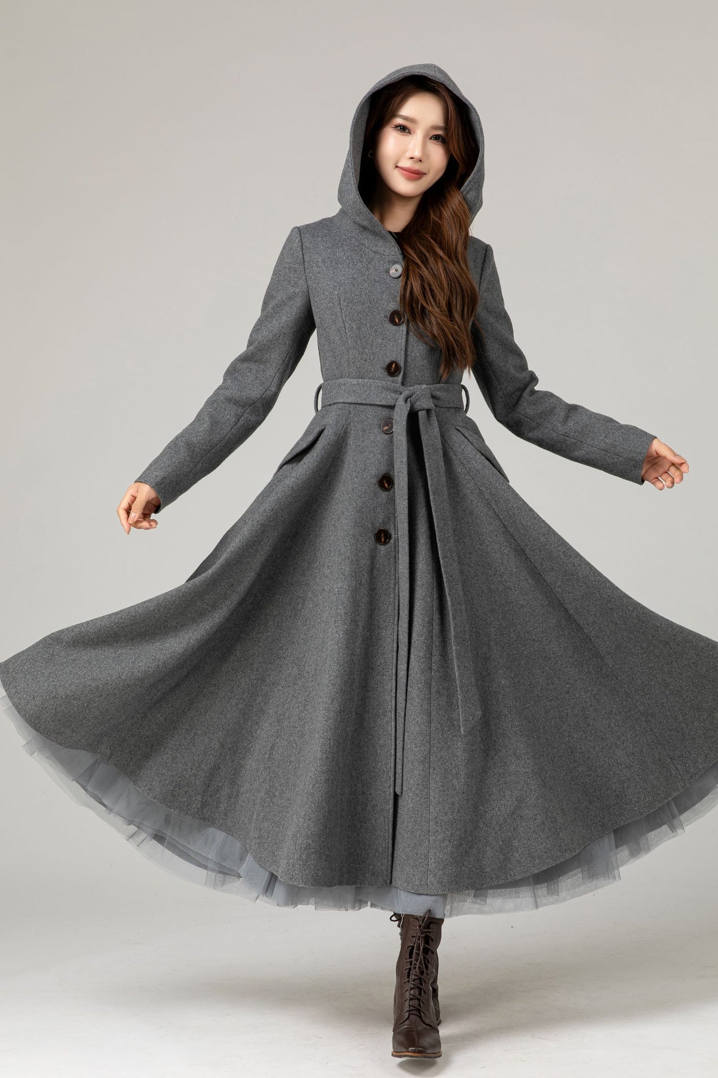 Hooded tie blet gray long winter wool coat 5481