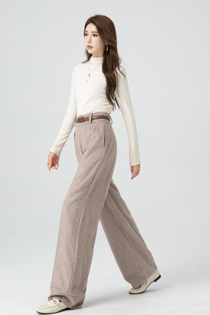 Handmade Beige Wool Wide-Leg Pants – Vintage High-Waist Winter Trousers | Xiaolizi 5324