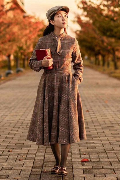 Plaid Wool Fit & Flare Dress - Knee Length Long Sleeve | Xiaolizi 4080