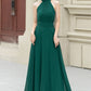 Dark green maxi halter summer party dress 5172