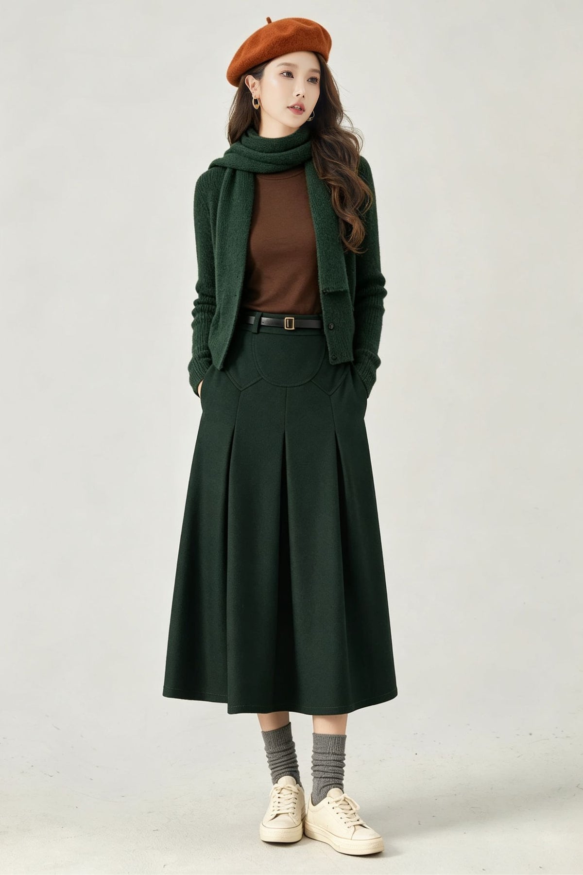 Vintage Dark Green Wool Swing Midi Skirt - High Waist A-Line Skirt 7014
