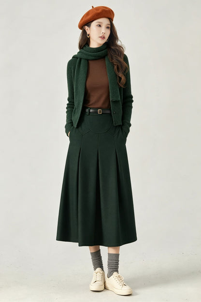 Vintage Dark Green Wool Swing Midi Skirt - High Waist A-Line Skirt 7014