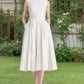 White Linen Fit and Flare Dress – Vintage Sleeveless Midi with Belt 6625