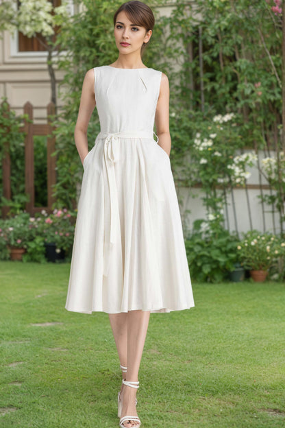White Linen Fit and Flare Dress – Vintage Sleeveless Midi with Belt 6625