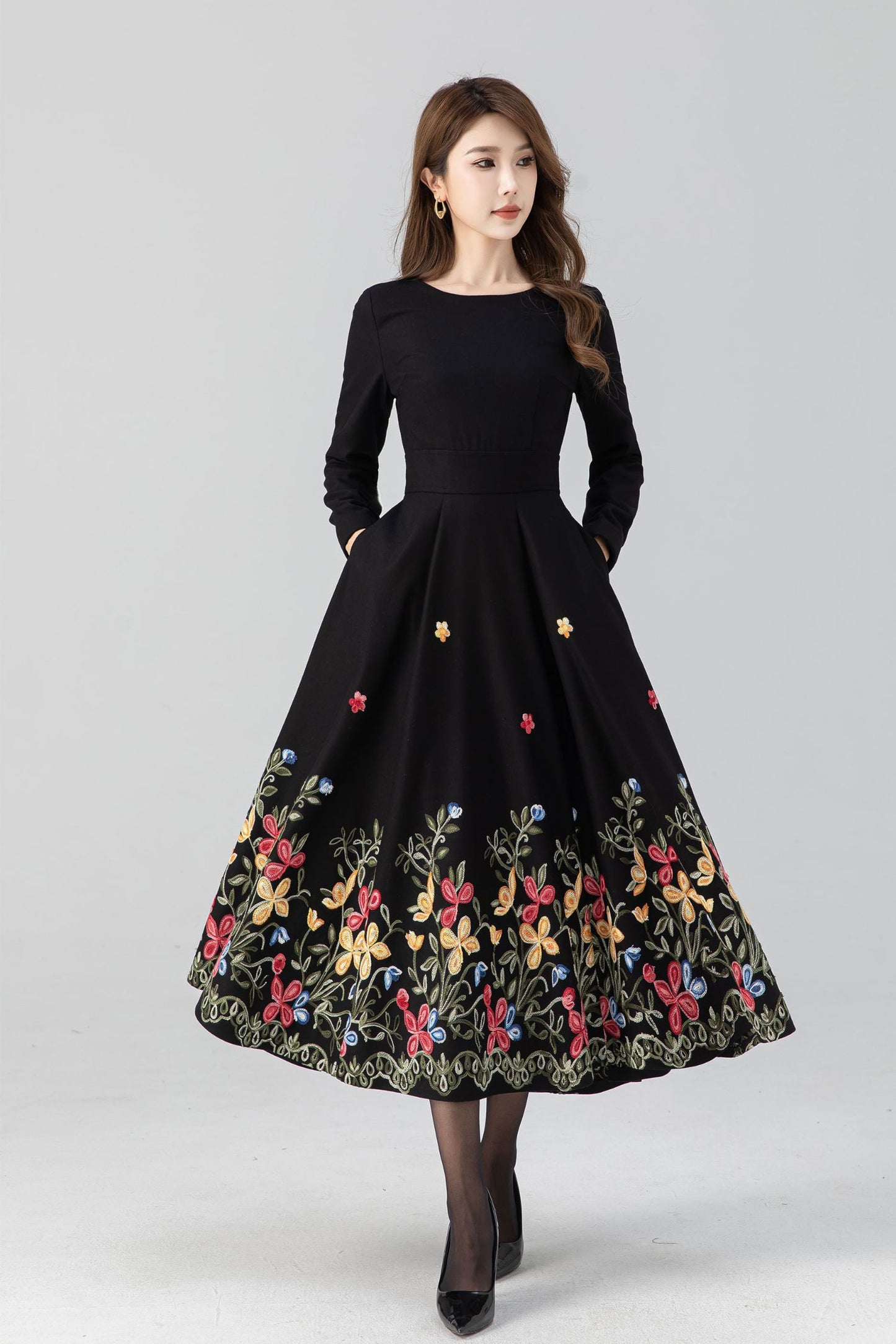 Black fit and flare embroidered dress 4663