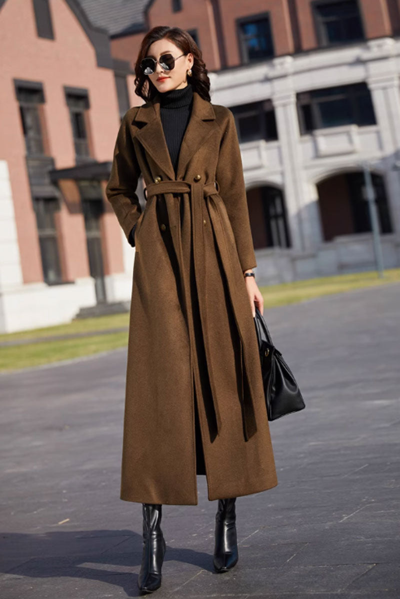Brown Wool Maxi Coat with Belted Waist