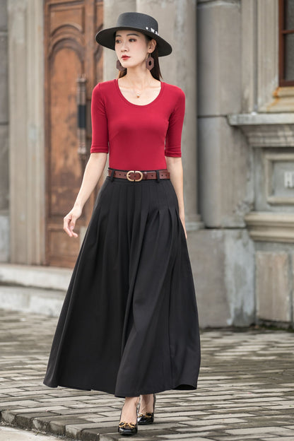 Women Black Pleated Linen Maxi Skirt with Pockets  2777