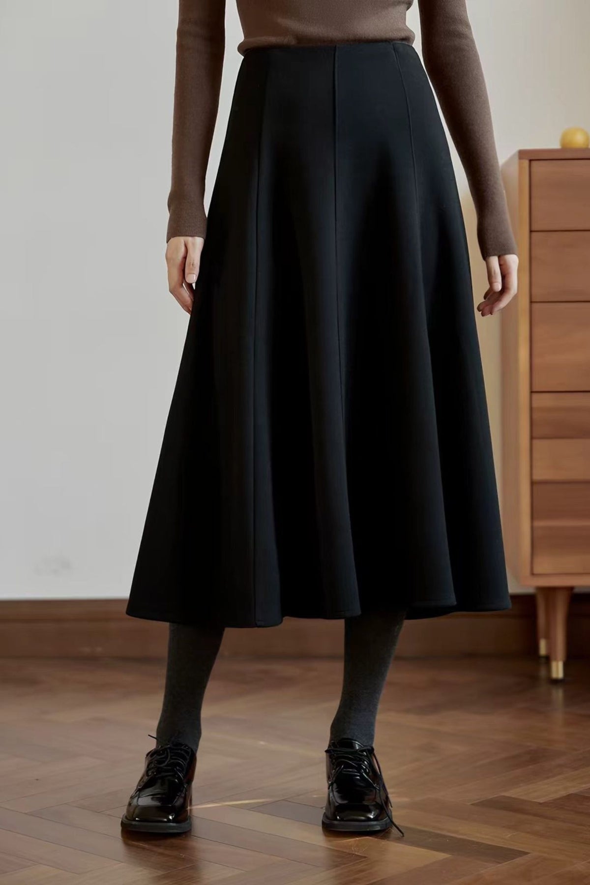 Black Wool Blend Midi A-line Skirt, High Waist Flared Skirt for Women 7025