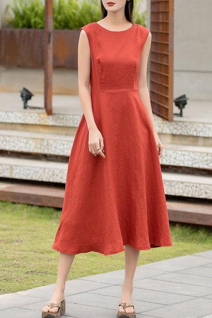 Orange sleeveless summer midi linen dress 2741