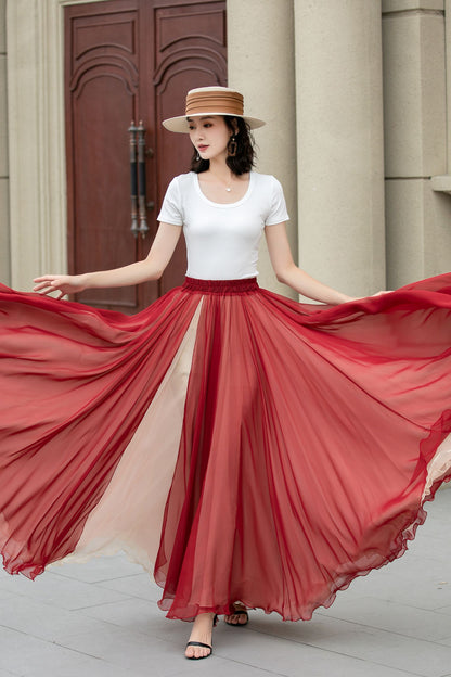 Rust Red Chiffon Maxi Skirt - Swing Elastic Waist | Xiaolizi 5151