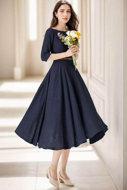 sachin and babi light blue dress Navy Blue Linen Midi Dress – Handmade Fit & Flare Everyday & Travel Dress