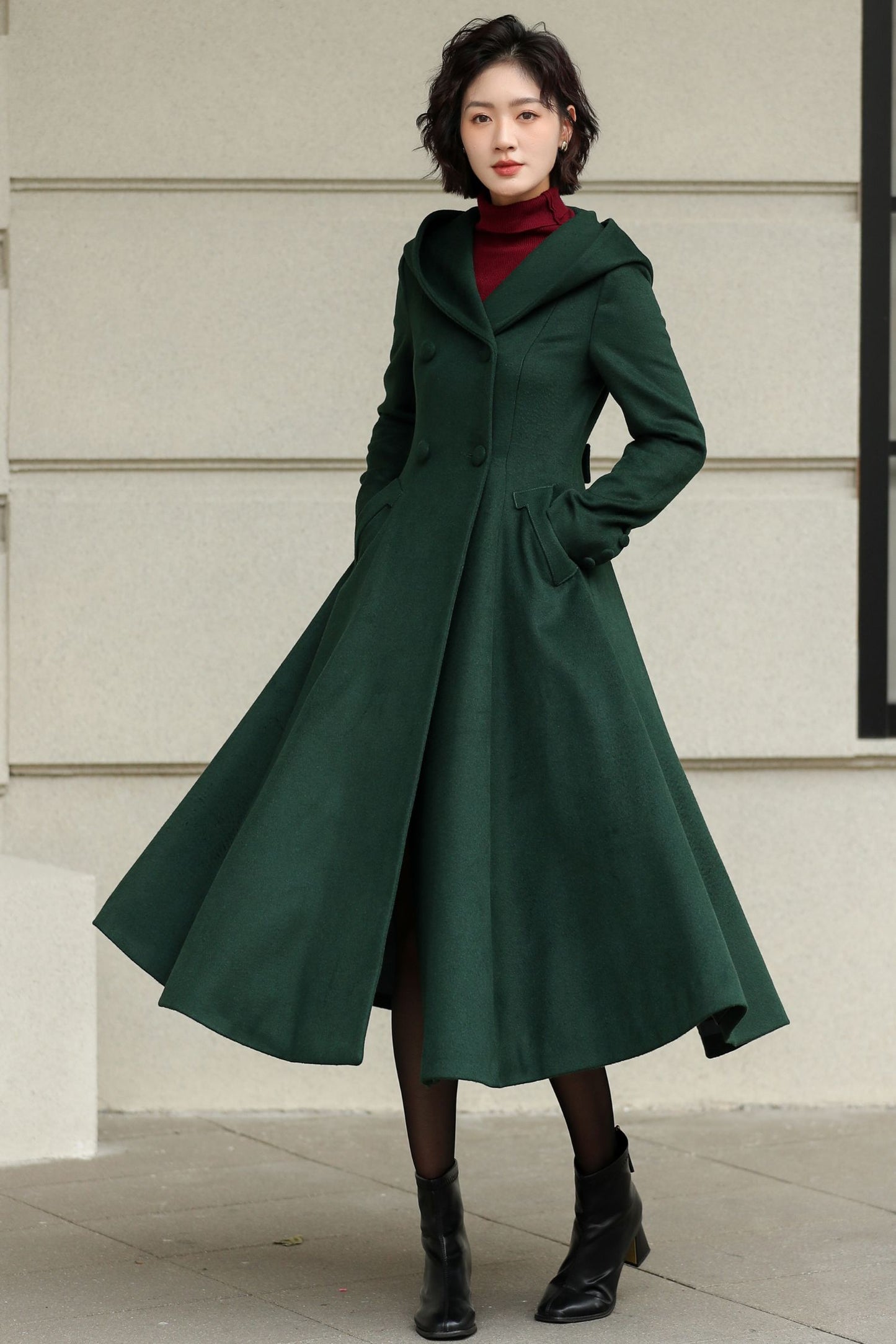 Green Hooded Wool Coat – Handmade Long Fit and Flare Double-Breasted Winter Overcoat for Women 6537