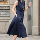 Casual sleeveless Navy linen midi dress 2593