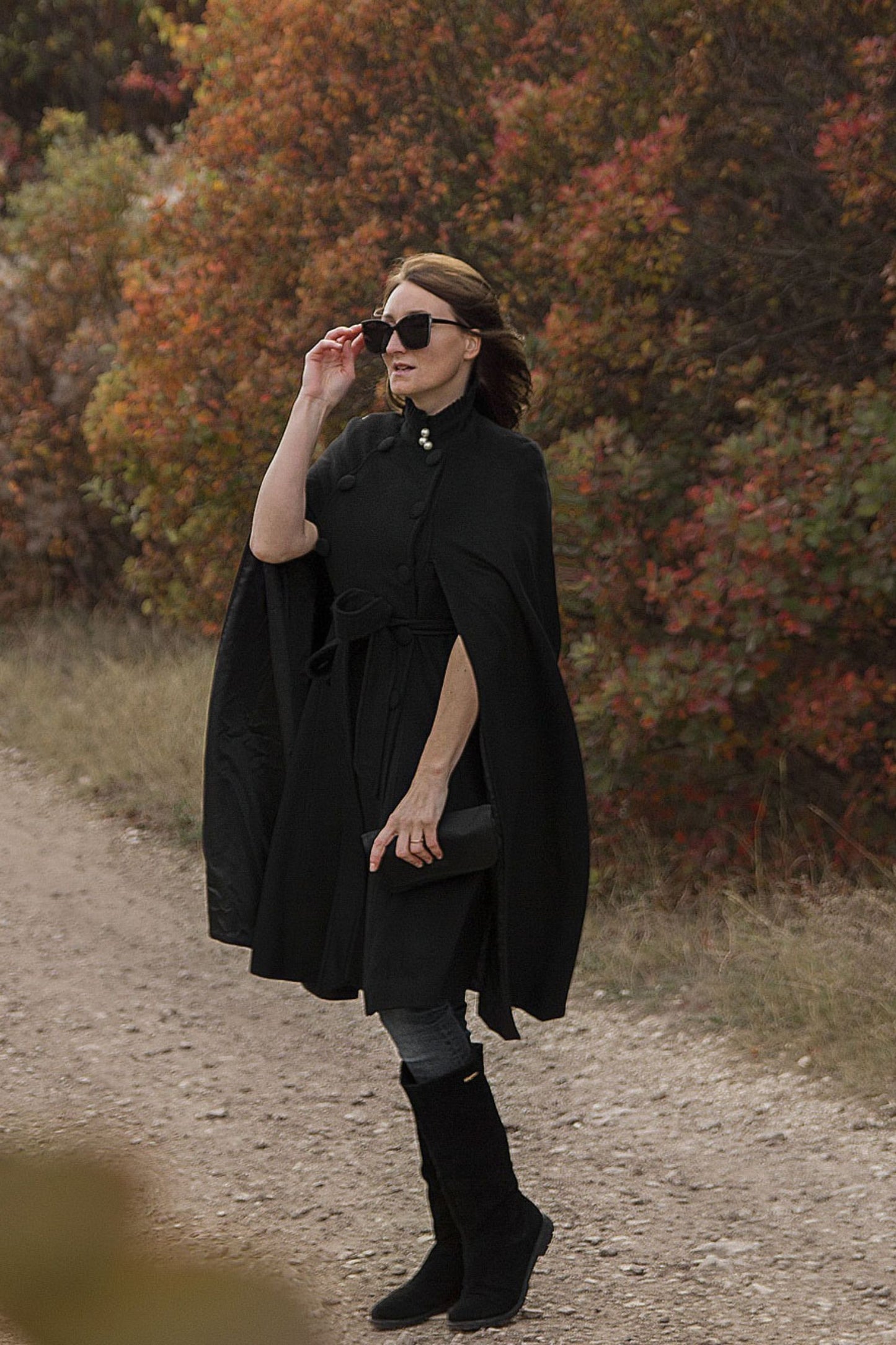 Black Winter Wool Cape Coat 3216