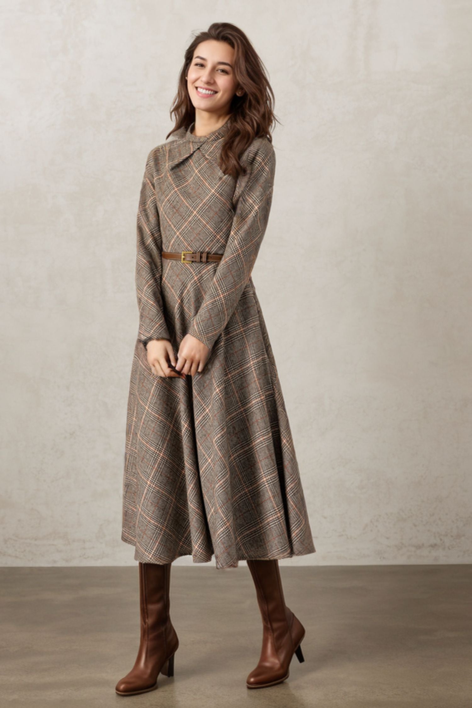 plaid dress fall Long Sleeve Ruffle Mini S Spice up your wardrobe with this brushed knit dress Plaid Wool Swing Dress