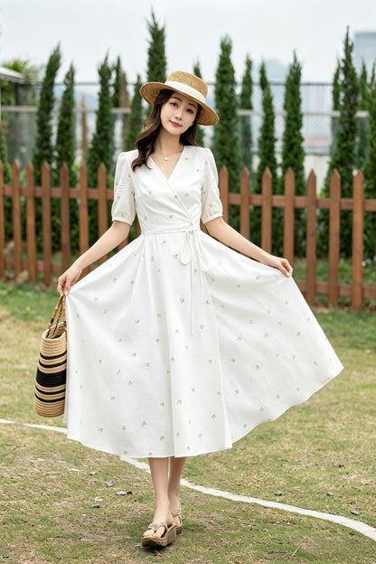 White Cotton Linen Wrap Midi Dress - Floral Embroidery V-Neck | Xiaolizi 6786