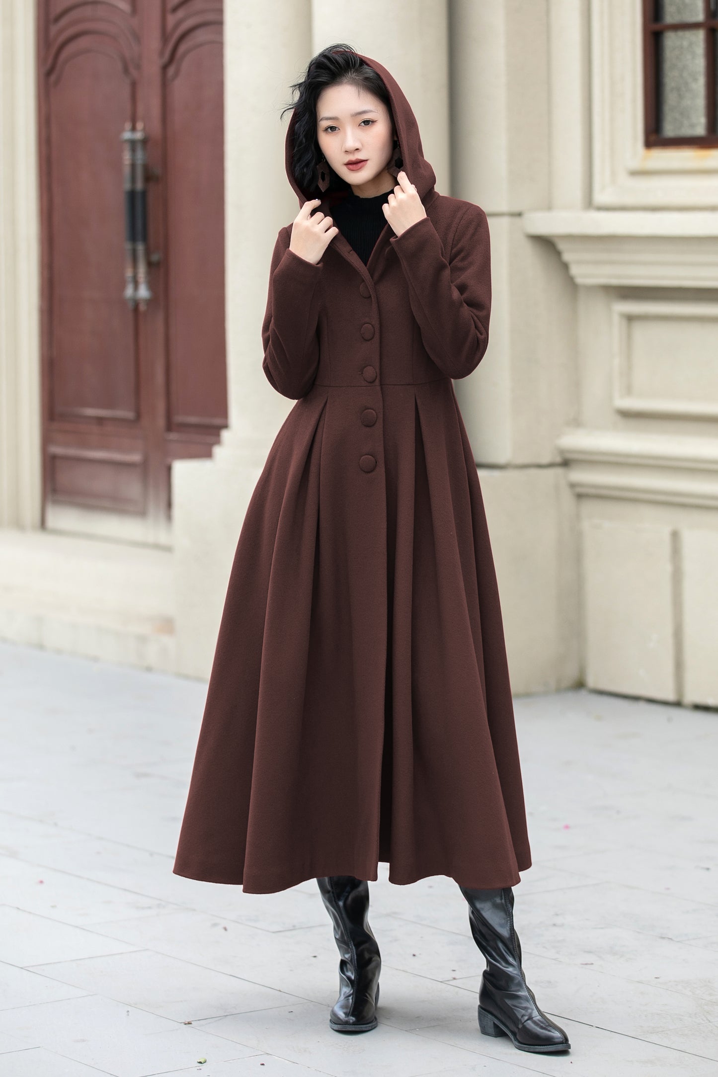 Brown Wool Swing Coat with Hood - Elegant Midi Length 6307
