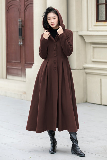 Brown Wool Swing Coat with Hood - Elegant Midi Length 6307
