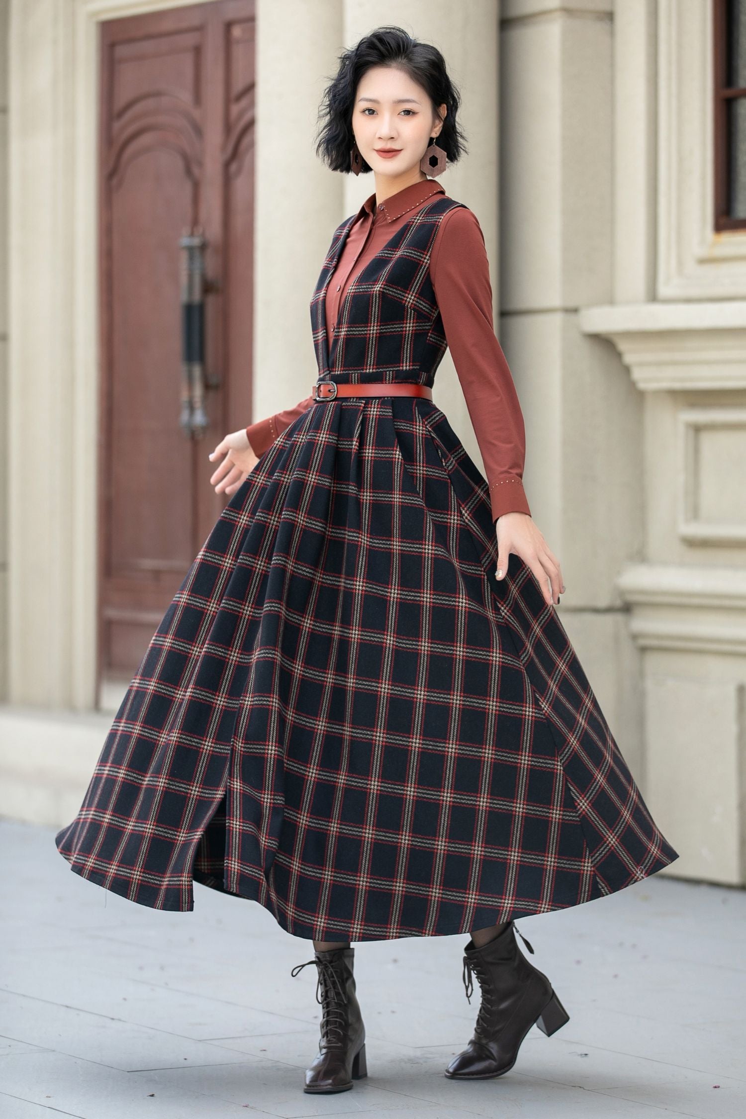 Fit and flare plaid pinafore wool dress women 5354 - plaid / S Fit and flare plaid pinafore wool dress women 5354 - plaid / S