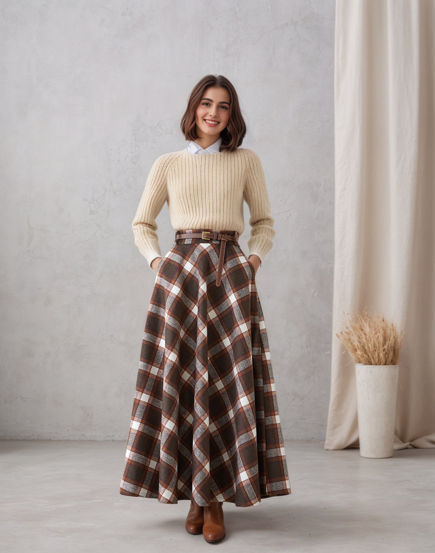 Plaid Wool Maxi Skirt – Brown Checkered Winter Skirt with Pockets & Elastic Waist 6551