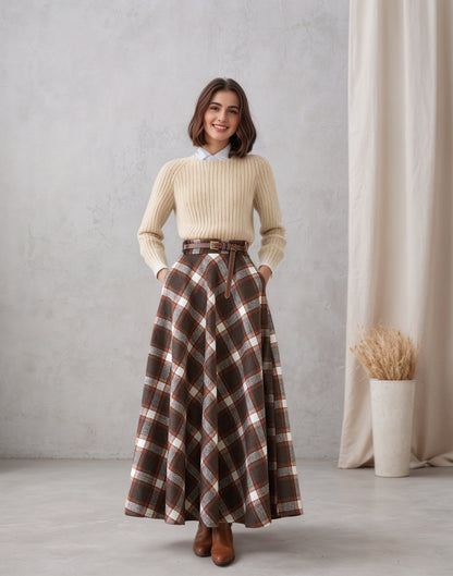 Plaid Wool Maxi Skirt – Brown Checkered Winter Skirt with Pockets & Elastic Waist 6551