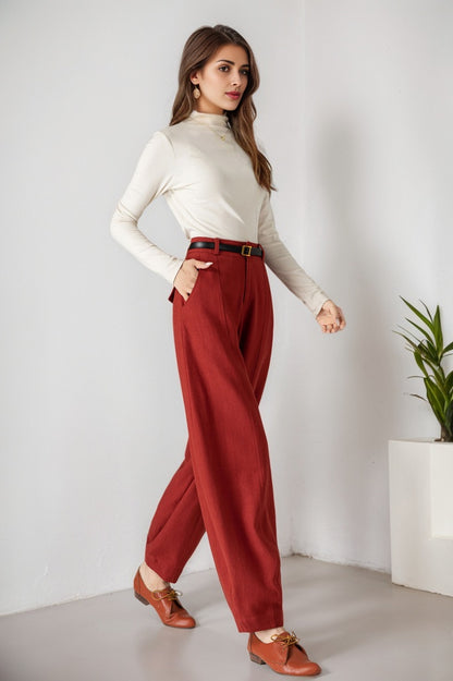 Red Linen Wide Leg Baggy Pants - Relaxed Fit, Button Closure 5899